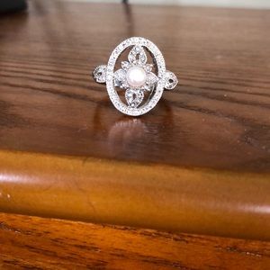 Silver ring with faux pearl and rhinestones
